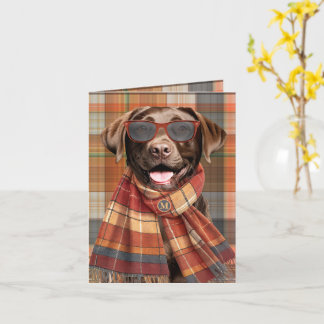 Chocolate Lab Dog Autumn Plaid Monogrammed Kaart