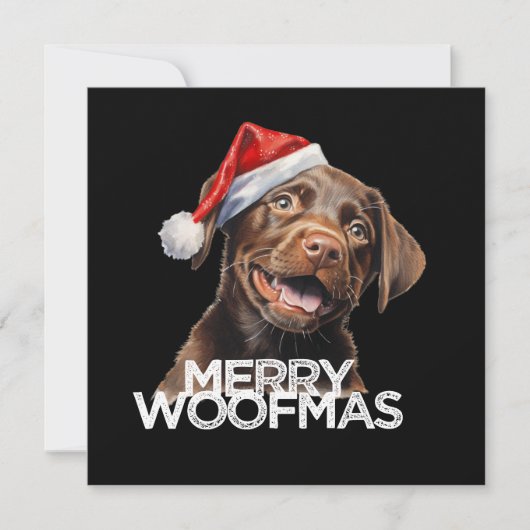 Chocolate lab dog santa hat MERRY WOOFMAS funny Feestdagenkaart (Voorkant)