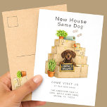 Chocolate Lab New House Moving Announcement Briefkaart<br><div class="desc">Share your exciting news with this adorable Chocolate Labrador Retriever moving announcement card featuring a happy chocolate lab puppy sitting in a stack of moving boxes holding a “We’ve Moved” sign. The warm watercolor illustration and cozy moving details make this design perfect for dog lovers announcing their new home. Personalize...</div>