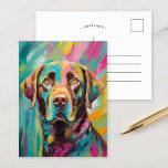 Chocolate Lab Portret Kleurrijke Abstracte Kunst Briefkaart<br><div class="desc">Een speels kunstportret van een chocoladelab geschilderd met grillige felle kleuren, waaronder blauwgroen, geel, roze en groen. Het levendige palet en de expressieve penseelstreken geven de hond een energieke, vreugdevolle uitstraling en geven een leuke en fantasierijke draai aan traditionele huisdierenportretten. Dit levendige en kleurrijke stuk legt de persoonlijkheid van de...</div>