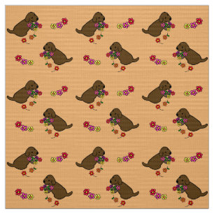 Chocolate Lab Puppy Flower Basket Cartoon Stof