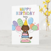 Chocolate Labradoodle Dog Happy Birthday Kaart (Gele Bloem)