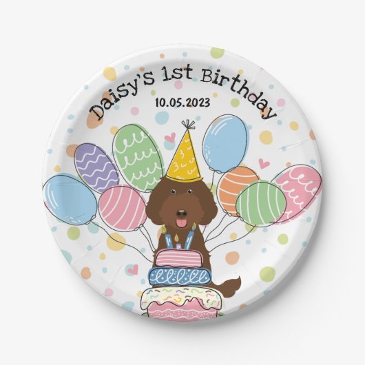 Chocolate Labradoodle Dog Verjaardagspapier Borden Papieren Bordje (Voorkant)
