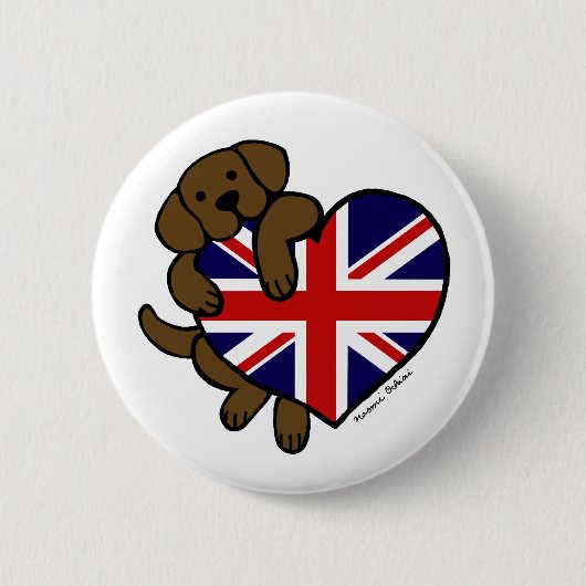 Chocolate Labrador British Heart Ronde Button 5,7 Cm (Voorkant)