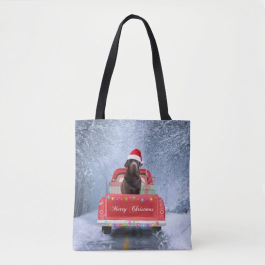 Chocolate Labrador Dog in sneeuwkerst Tote Bag (Voorkant)