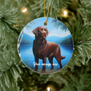 Chocolate Labrador en Blue Lake Keramisch Ornament