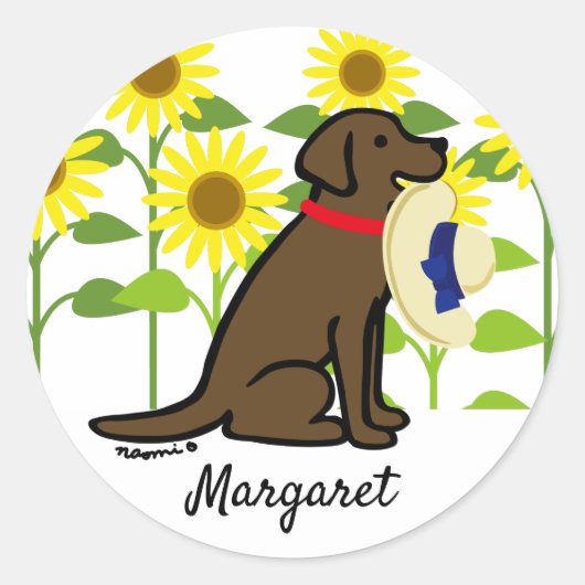 Chocolate Labrador en Sunflower Summer Ronde Sticker (Voorkant)