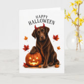 Chocolate Labrador Halloween Duivels Hond Kaart (Gele Bloem)