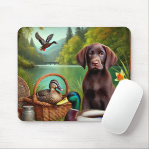 Chocolate Labrador Puppy bij een meer met eenden Muismat