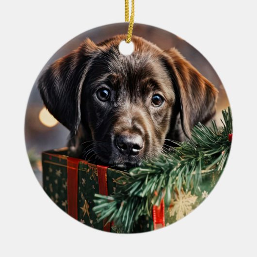 Chocolate Labrador Puppy Kerstmis Keramisch Ornament (Voorkant)