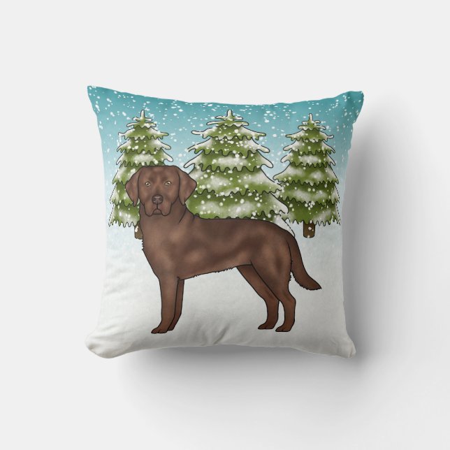 Chocolate Labrador Retriever Blauwe Winter Kerstmi Kussen (Voorkant)
