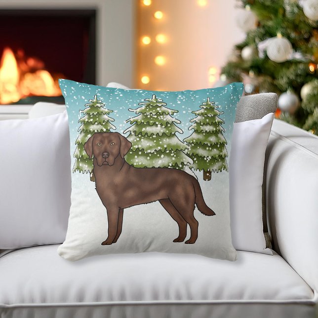 Chocolate Labrador Retriever Blauwe Winter Kerstmi Kussen (Creator heeft geüpload)