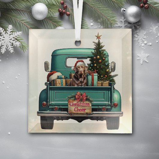 Chocolate Labrador Retriever Boerderij Truck Kerst Glas Ornament