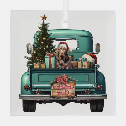 Chocolate Labrador Retriever Boerderij Truck Kerst Glas Ornament (Achterkant)