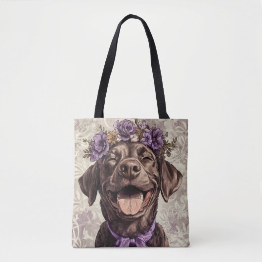 Chocolate Labrador Retriever Dog Paarse Bloemen Tote Bag (Voorkant)