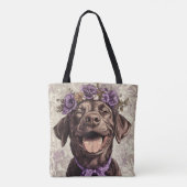 Chocolate Labrador Retriever Dog Paarse Bloemen Tote Bag (Achterkant)