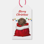 Chocolate Labrador Retriever Puppy in Santa Bag Cadeaulabel (Voorkant)