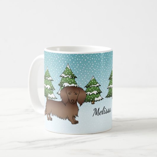 Chocolate Long Hair Cute Dachshund - Winter Forest Koffiemok (Voorkant links)