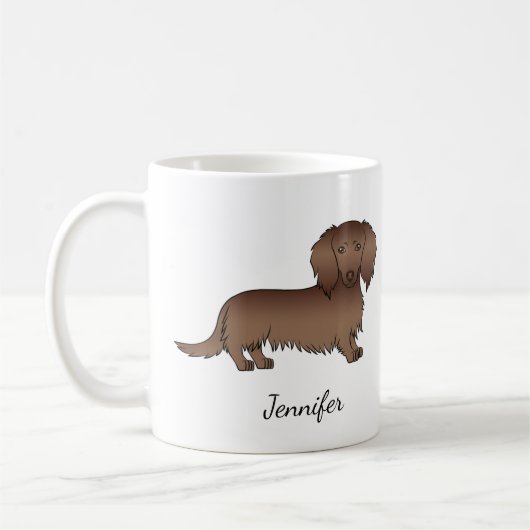 Chocolate Long Hair Dachshund Cartoon Dog & Name Koffiemok (Links)