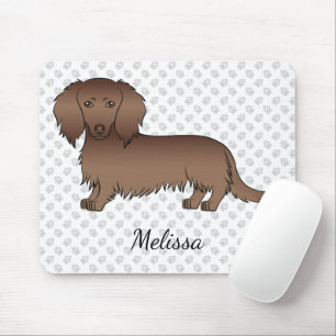 Chocolate Long Hair Dachshund Cartoon Dog & Name Muismat