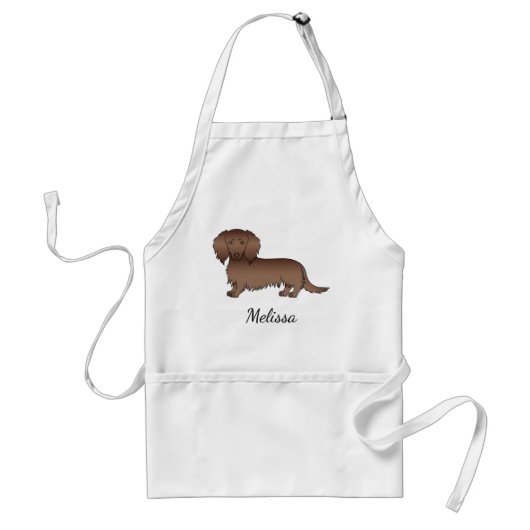 Chocolate Long Hair Dachshund Cartoon Dog & Name Standaard Schort (Voorkant)