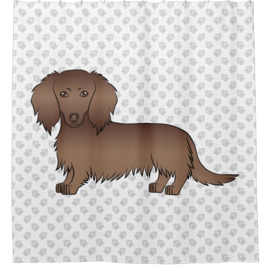 Chocolate Long Hair Dachshund Cartoon Dog & Paws Douchegordijn (Voorkant)