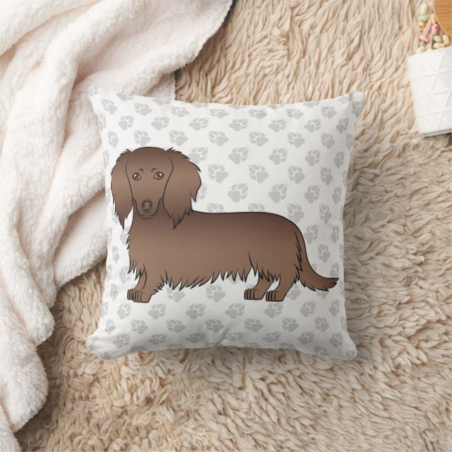 Chocolate Long Hair Dachshund Cartoon Dog & Paws Kussen (Deken)