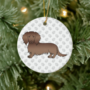 Chocolate Long Hair Dachshund Cartoon Dog & Text Keramisch Ornament