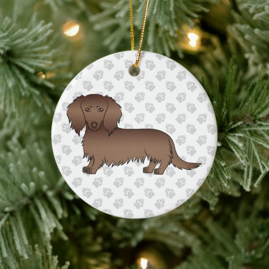 Chocolate Long Hair Dachshund Cartoon Dog & Text Keramisch Ornament (Boom)