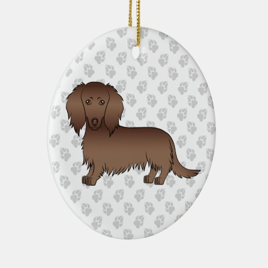 Chocolate Long Hair Dachshund Cartoon Dog & Text Keramisch Ornament (Rechts)