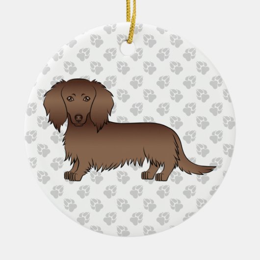 Chocolate Long Hair Dachshund Cartoon Dog & Text Keramisch Ornament (Voorkant)