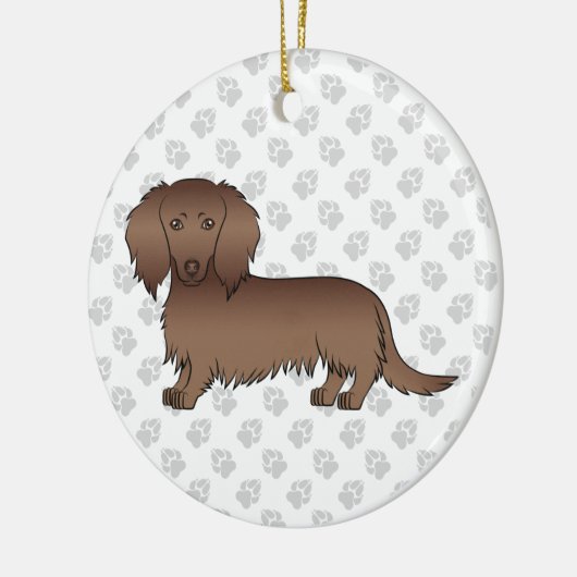Chocolate Long Hair Dachshund Cartoon Dog & Text Keramisch Ornament (Links)