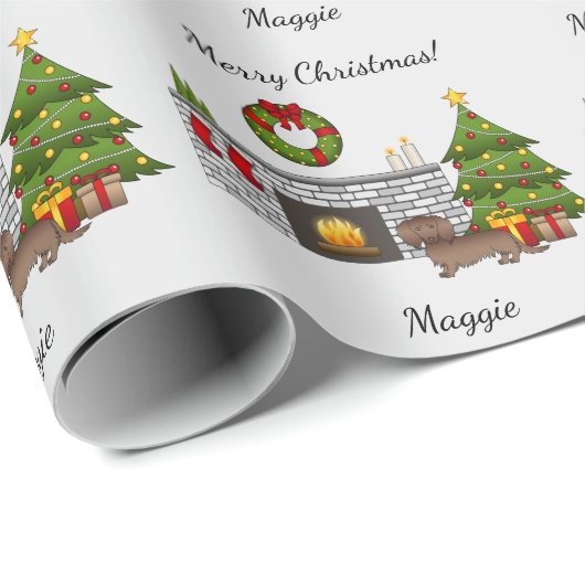 Chocolate Long Hair Dachshund - kerstruimte Cadeaupapier (Rol Hoek)