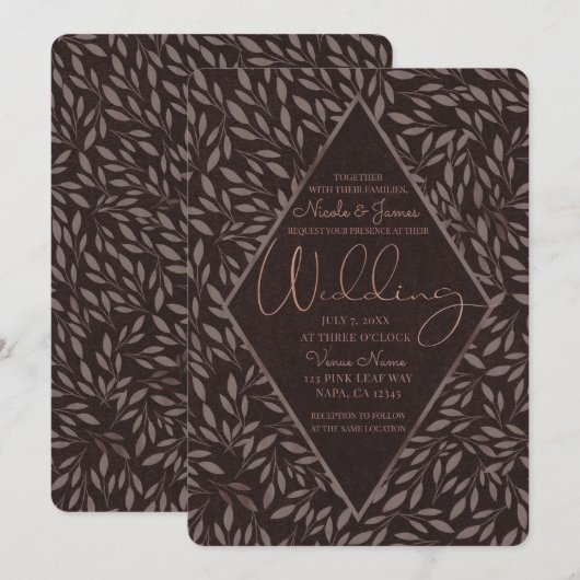 Chocolate Mauve Pink Leaves Botanical Wedding Kaart (Voorkant / Achterkant)