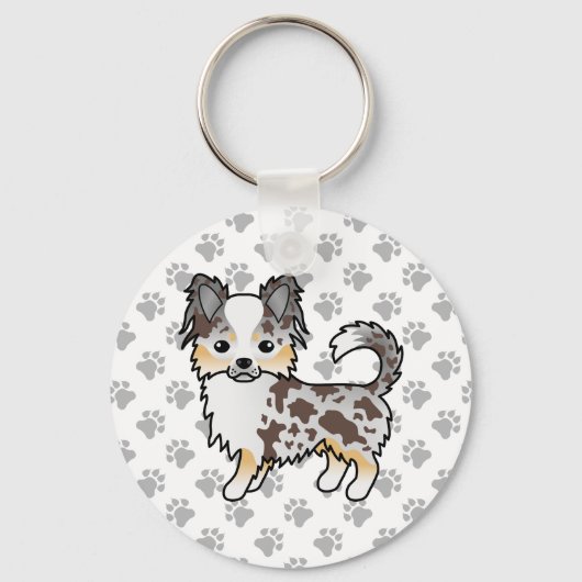 Chocolate Merle Long Coat Chihuahua Dog & Paws Sleutelhanger (Voorkant)