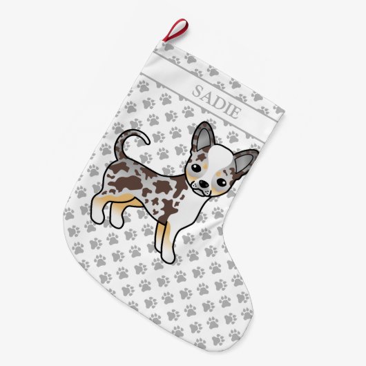 Chocolate Merle Smooth Coat Chihuahua Dog & Name Grote Kerstsok (Voorkant (Hangend))