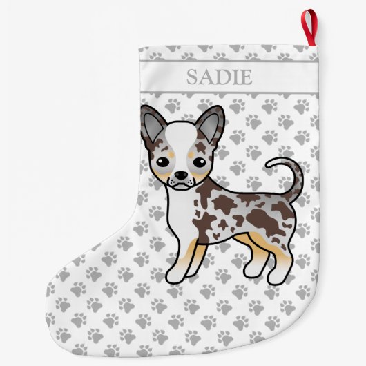 Chocolate Merle Smooth Coat Chihuahua Dog & Name Grote Kerstsok (Achterkant)