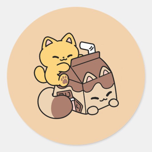 Chocolate Milk Sipping on Bliss – Kawaii Cat Food Ronde Sticker (Voorkant)