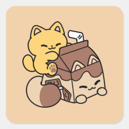 Chocolate Milk Sipping on Bliss – Kawaii Cat Food Vierkante Sticker