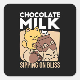 Chocolate Milk Sipping on Bliss – Kawaii Cat Food Vierkante Sticker