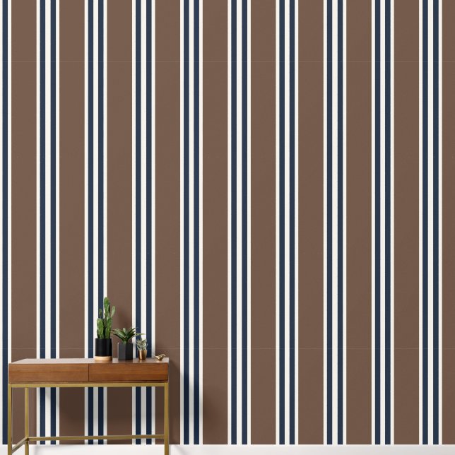 Chocolate & Navy Double Rugby Stripe  Behang (Hal)