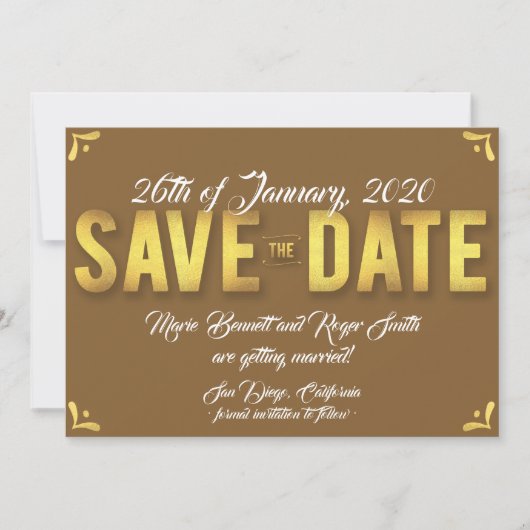 Chocolate Save the Date Card with Gold Foil (Voorkant)