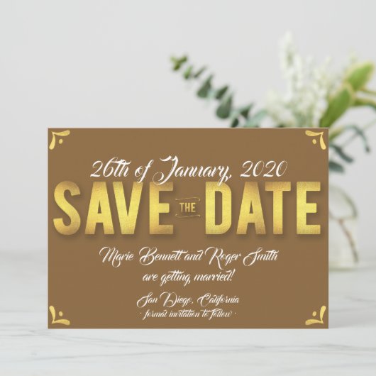Chocolate Save the Date Card with Gold Foil (Staand voorkant)