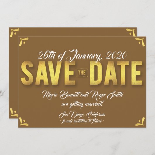 Chocolate Save the Date Card with Gold Foil (Voorkant / Achterkant)
