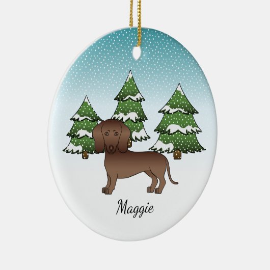Chocolate Smooth Coat Dachshund - Winterbos Keramisch Ornament (Rechts)