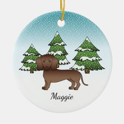 Chocolate Smooth Coat Dachshund - Winterbos Keramisch Ornament (Voorkant)