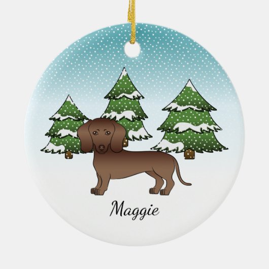 Chocolate Smooth Coat Dachshund - Winterbos Keramisch Ornament (Achterkant)
