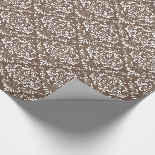 Chocolate White Damask-patroon Cadeaupapier (Hoek)