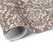 Chocolate White Damask-patroon Cadeaupapier (Rol Hoek)