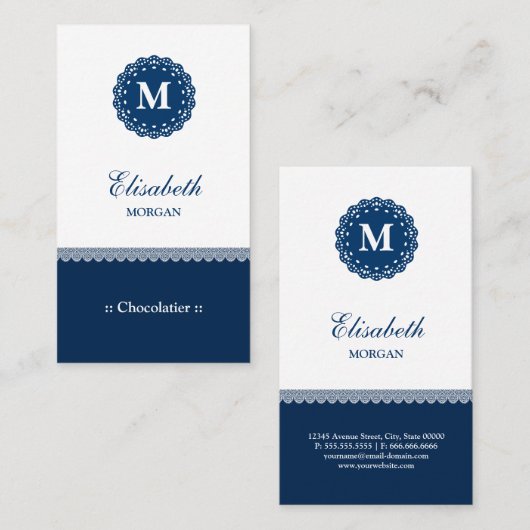 Chocolatier Elegant Blue Lace Monogram Visitekaartje (Voorkant / Achterkant)